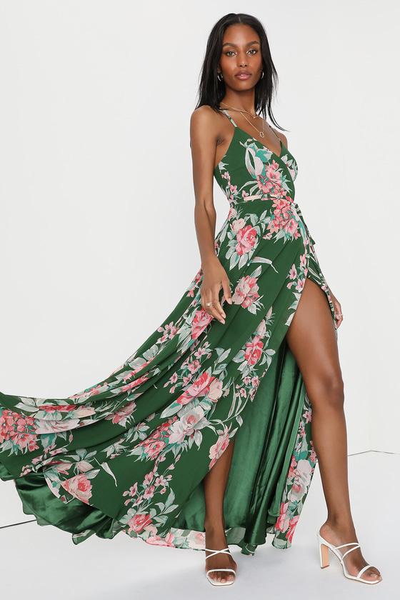 Lulus Elegantly Inclined Green Floral Print Wrap Maxi Dress