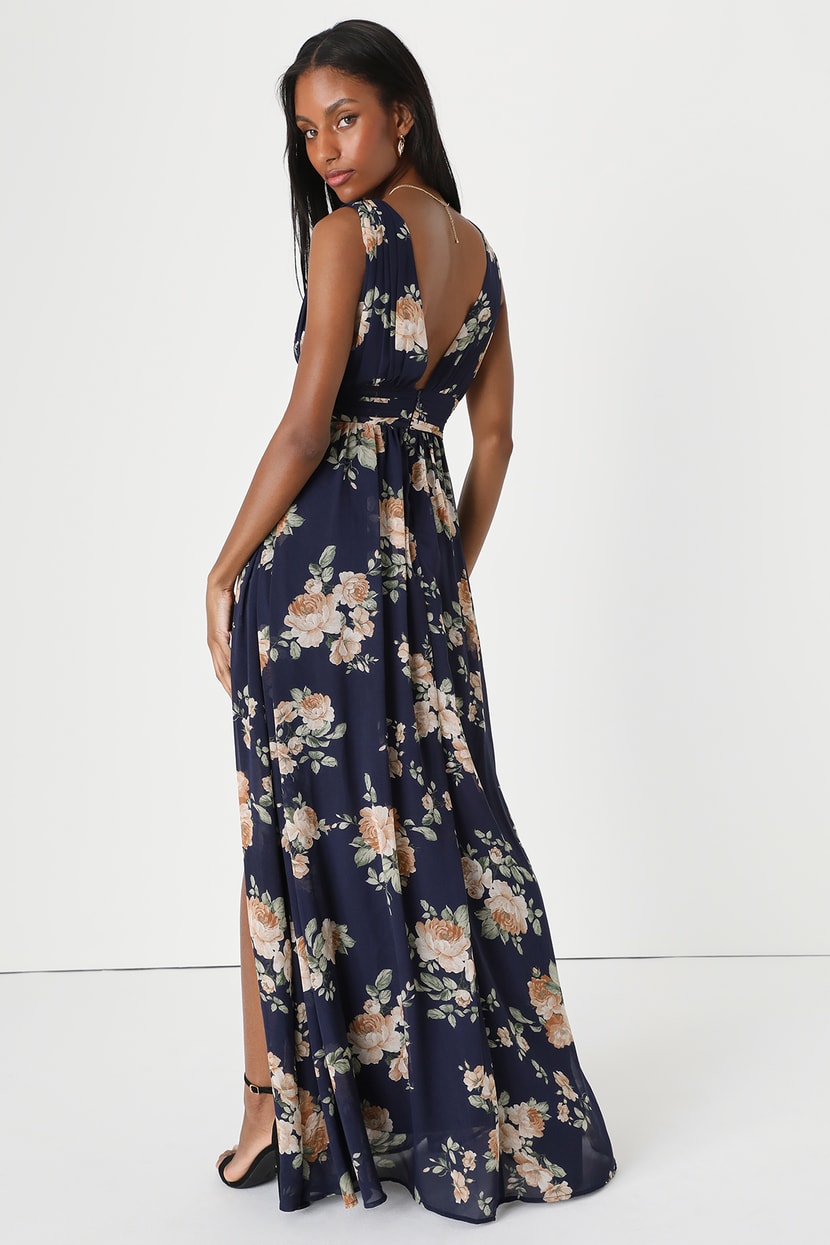 Navy Blue Floral Dress - Sleeveless Maxi Dress - V-Back Dress - Lulus