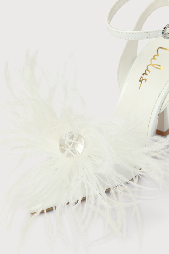 Harlee White Patent Feather High Heel Sandals 8