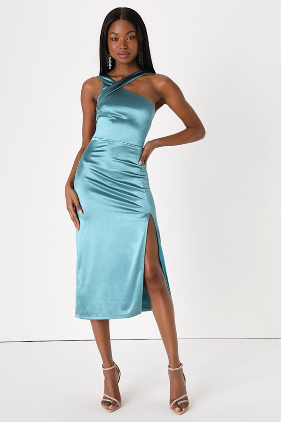 Magical Essence Teal Green Satin Asymmetrical Midi Dress 1