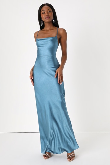 Inspire Romance Slate Blue Satin Cowl Neck Lace-Up Maxi Dress – Mod and ...