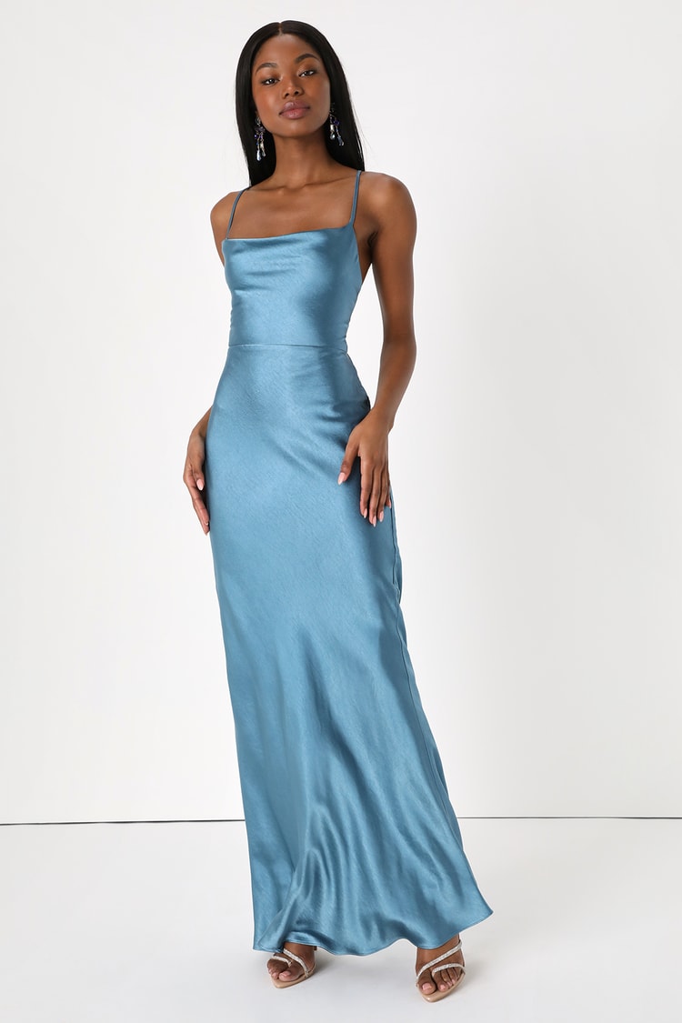 Slate Blue Maxi Dress - Lace-Up Maxi Dress - Satin Maxi Dress - Lulus