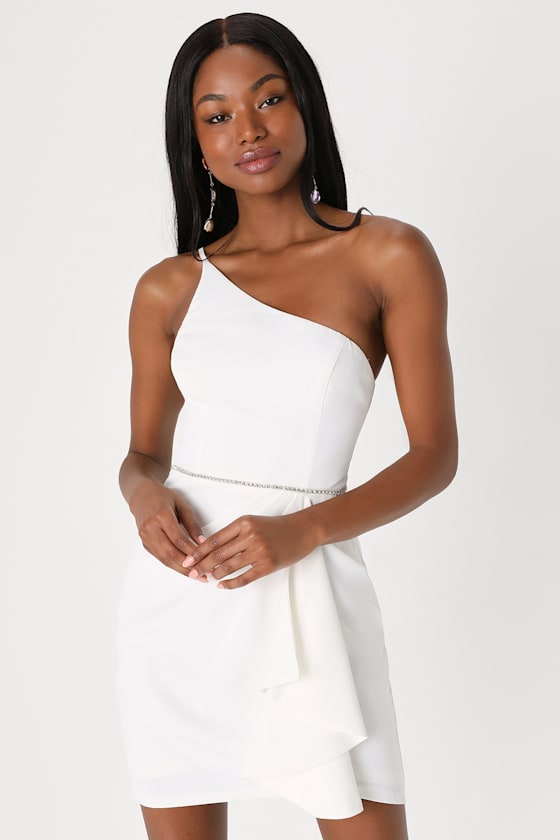Brilliant Bliss White Rhinestone One-Shoulder Tulip Mini Dress 1