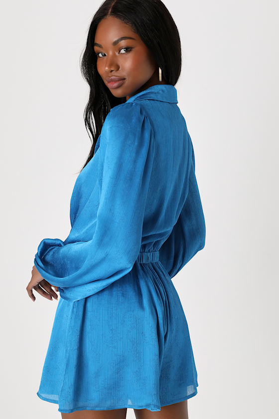 Blue Romper - Satin Jacquard Romper - Long Sleeve Romper - Lulus