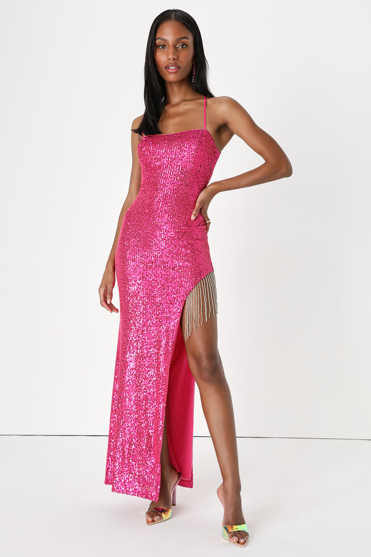 Here For the Show Hot Pink Sequin Lace-Up Fringe Maxi Dress