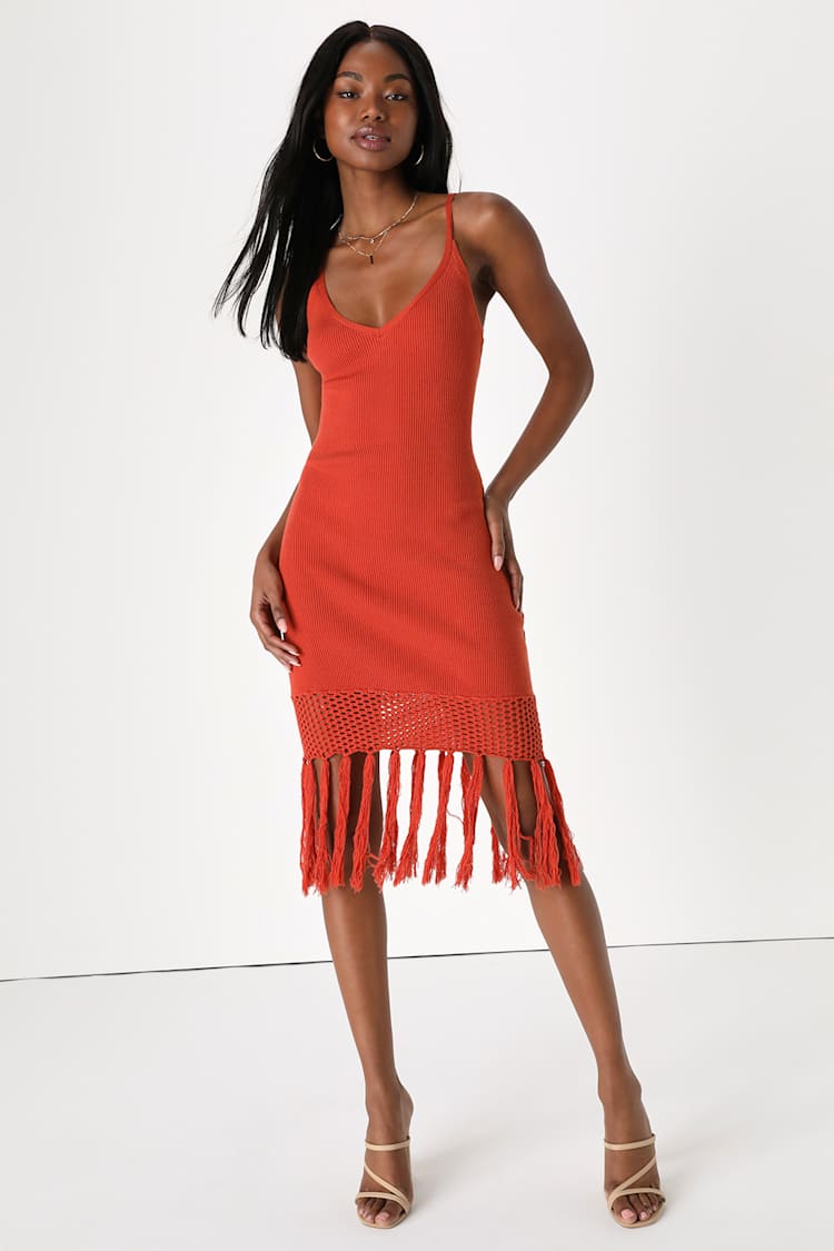 orange knit midi dress /// Vibrant Orange Mid-Length Sheath Dress Sleeveless Knit Bodycon Party Midi Dress, Women's, Size: Small