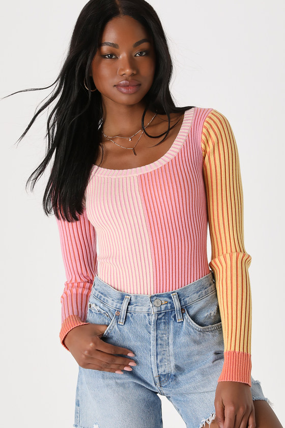 Lulus Mod Cutie Pink Color Block Ribbed Long Sleeve Bodysuit