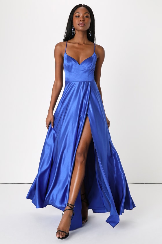 simibridal Royal Blue Off Shoulder Prom Dress Satin Evening Dress   SIMIBridal