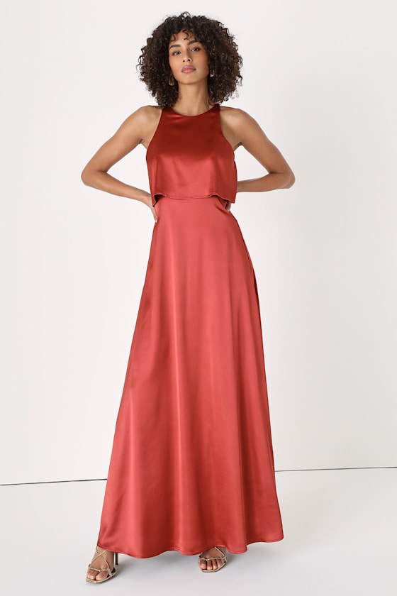 Rust Red Gown Sleeveless Satin Dress High Neck Satin Dress Lulus