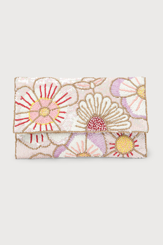 Bead Beautiful Blush Pink Multi Floral Beaded Clutch 2