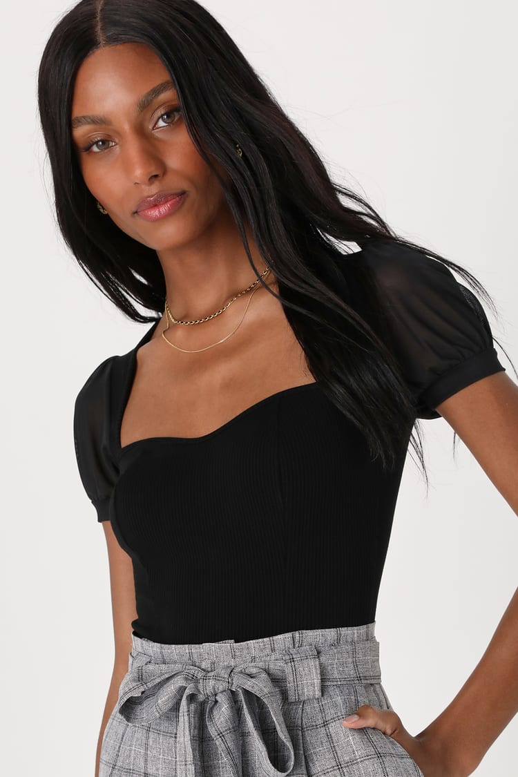 Black Short Sleeve Bodysuit - Ribbed Bodysuit - Sheer Sleeve Top