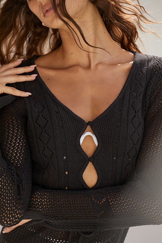 Lounging Poolside Black Crochet Long Sleeve Swim Cover-Up 3