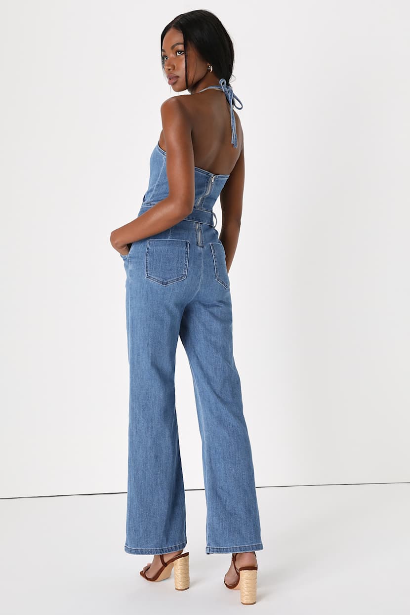 Halter Denim Jumpsuit - 70s Trend - Medium Wash Denim Jumpsuit - Lulus