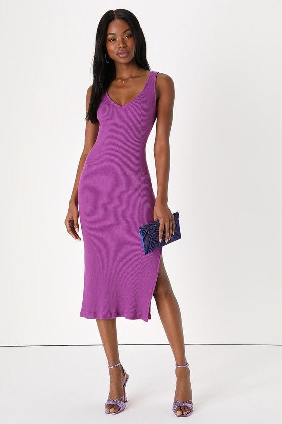Beauty in Simplicity Purple Ribbed Bodycon Midi Dress
