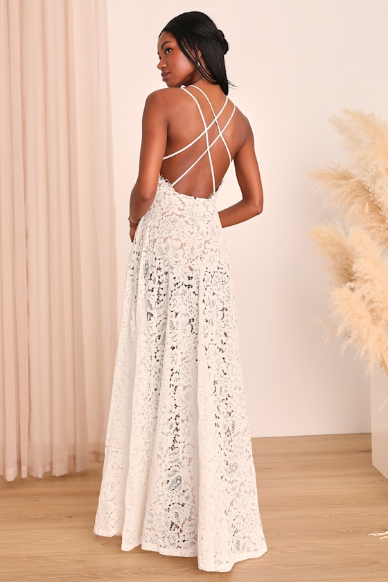 Love of Details White Lace Backless Maxi Dress