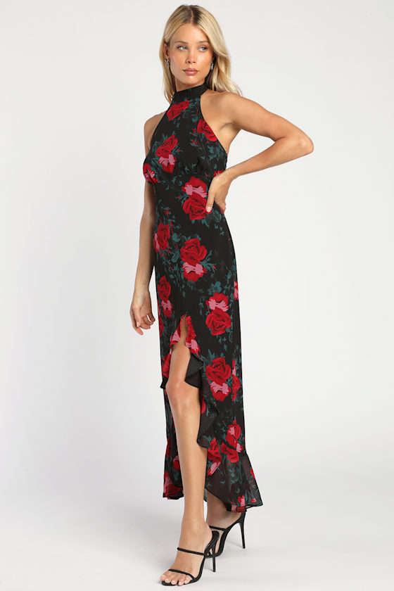 Elegant Entrance Black Red Floral Print Halter Maxi Dress 10