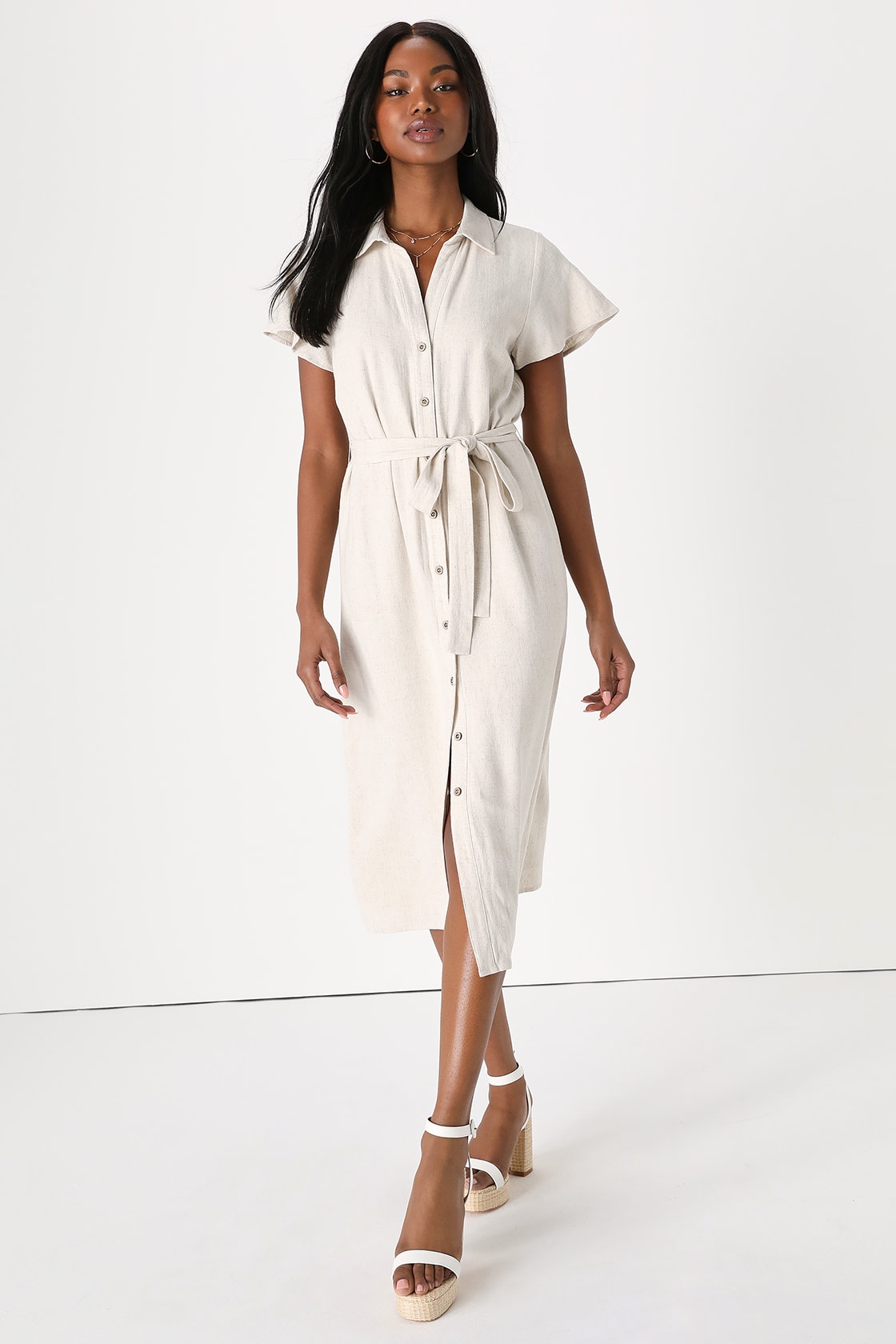 Italian Summer Beige Linen Button-Up Short Sleeve Midi Dress