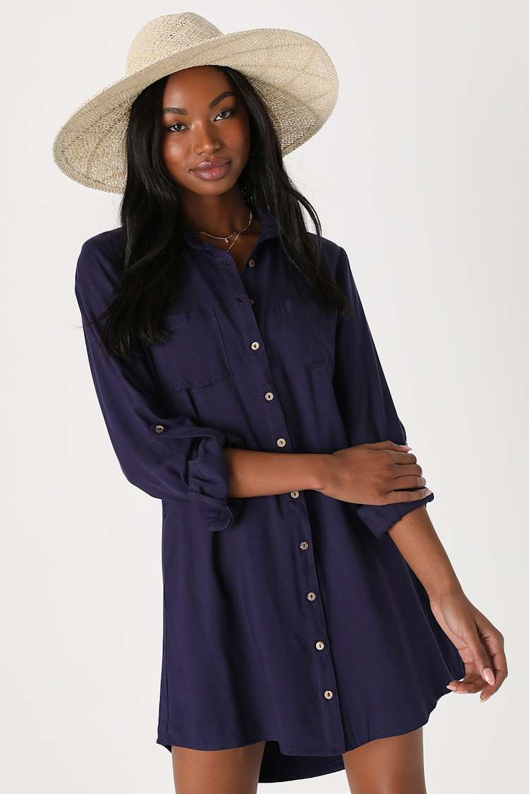 knee length dresses for ladies Mae Linen Blend Shirt Dress-Navy