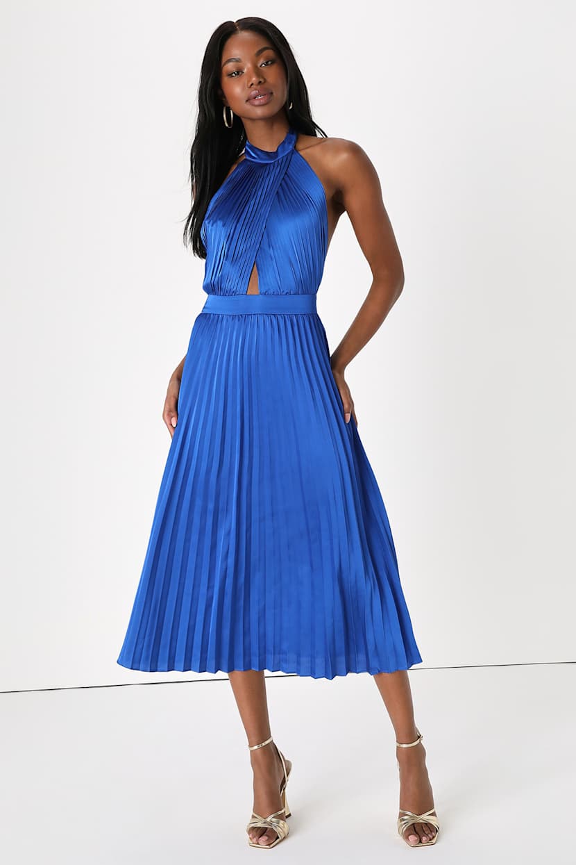 roya halter neck pleat midi dress Royal Blue - Pleated Satin Dress - Midi Dress BF 25