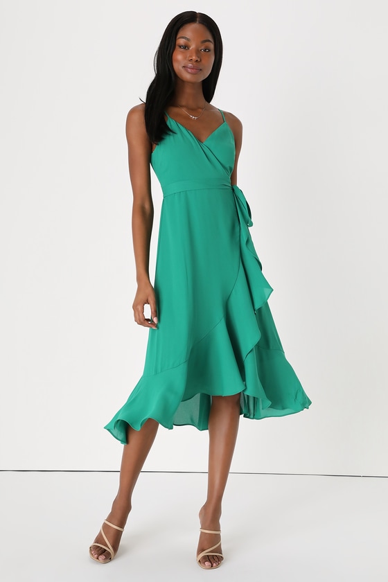 Lulus Manhattan Moment Green Ruffled Midi Wrap Dress