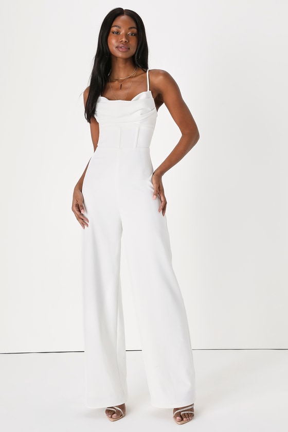Raffinere Tomhed lounge Lulus Always Suited White Lace-up Cowl Neck Bustier Wide-leg Jumpsuit |  ModeSens
