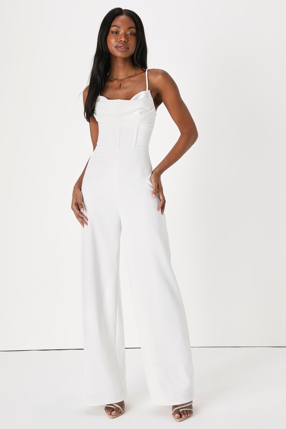 Lulus Always Suited White Lace-up Cowl Neck Bustier Wide-leg Jumpsuit