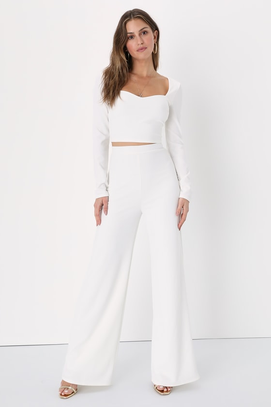 White Long Sleeve Jumpsuit - 2-Piece Jumpsuit - Wide-Leg Jumpsuit - Lulus