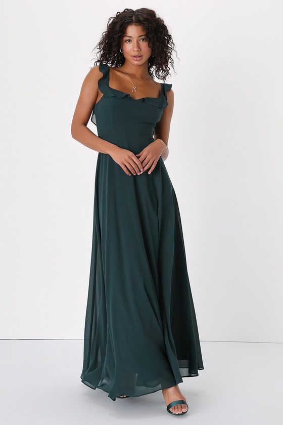 Emerald Green Maxi Dress - Ruffled Strap Dress - Backless Dress - Lulus