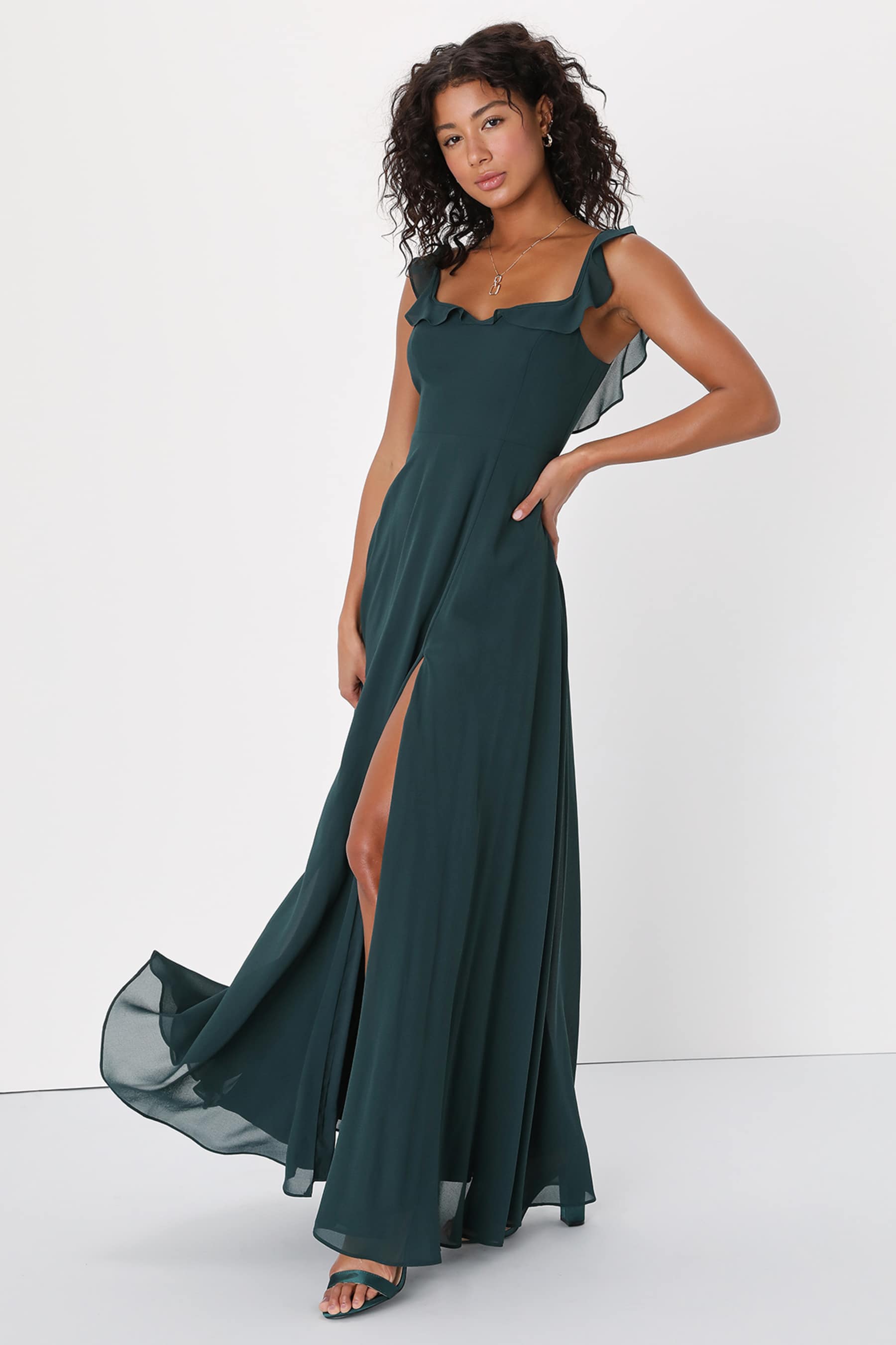 Dreamy Admiration Emerald Green Ruffled Maxi Dress