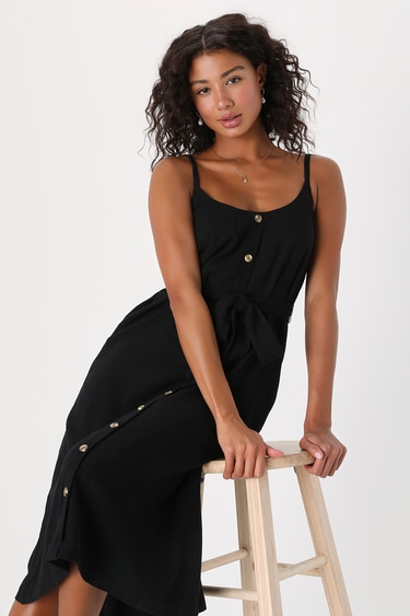 Sunny Day Seeker Black Button-Front Midi Dress With Pockets