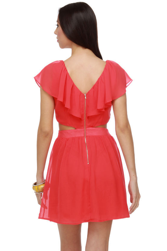 ruffle-appliqu cut-out mini dress in coral Coral Ruffle Detail Mini Dress