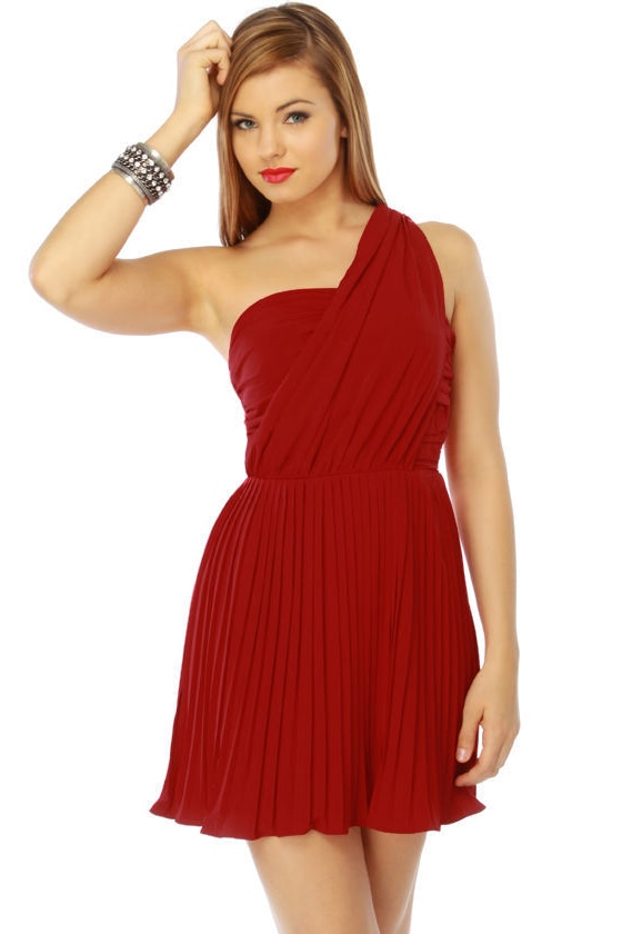 Beautiful Red Dress - One Shoulder Dress - Pleated Dress - $55.00