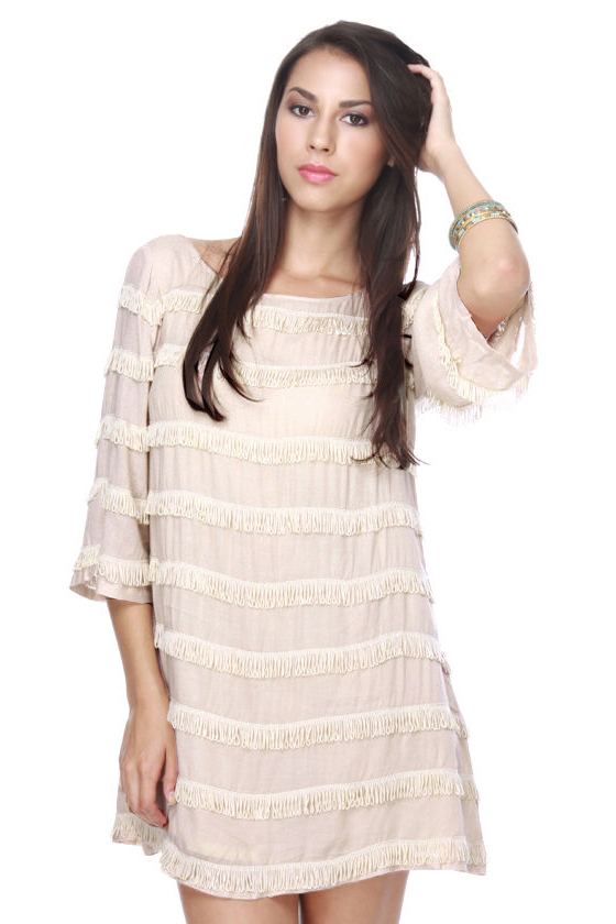 Befriend the Fringe Beige Shift Dress