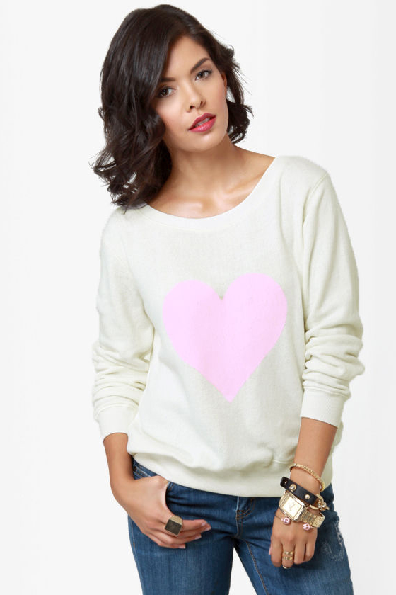 Billabong Thea Heart Print Ivory Sweater Top