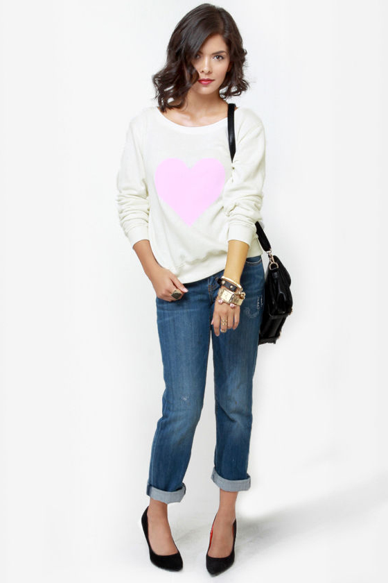 Billabong Thea Heart Print Ivory Sweater Top
