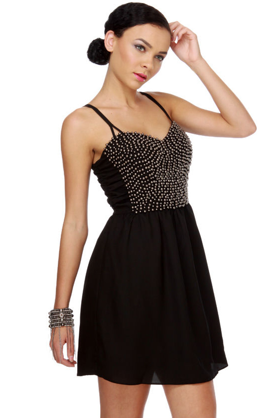Mirror Finish Beaded Black Dress