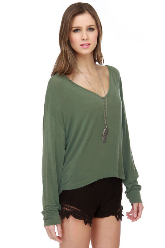 Brandy Melville Nico Top - Green Top - Long Sleeve Top - Cropped Top ...