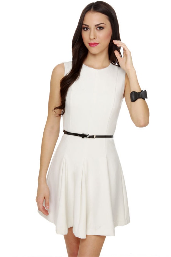 Classic Ivory Dress - White Dress - Belted Dress - $51.00