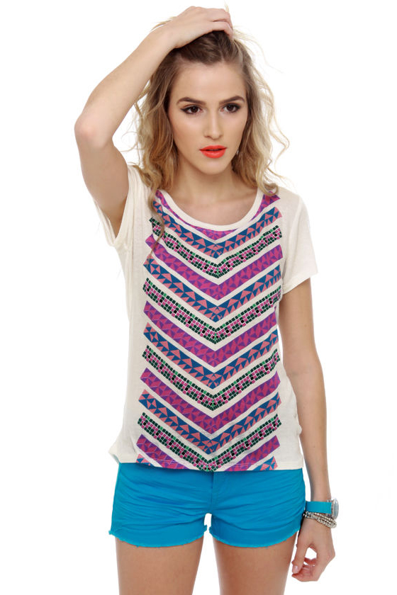 WkShp Geo Chevron Ivory Print Top
