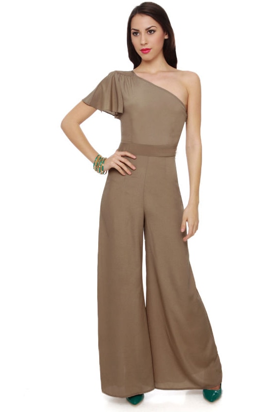 Costa Blanca Jumpsuit - One Shoulder Jumpsuit - Taupe Jumpsuit - $64.00