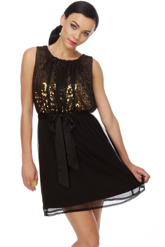 black dress with gold sequins