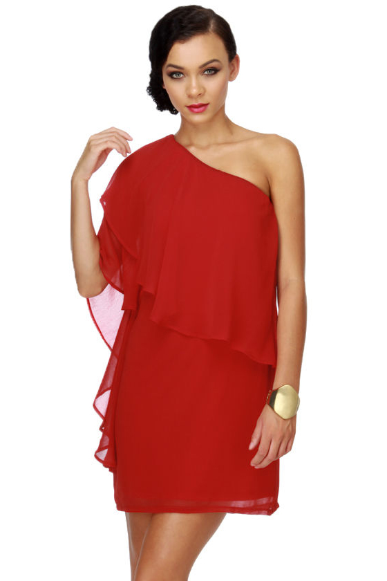 Flounce House Red One Shoulder Dress