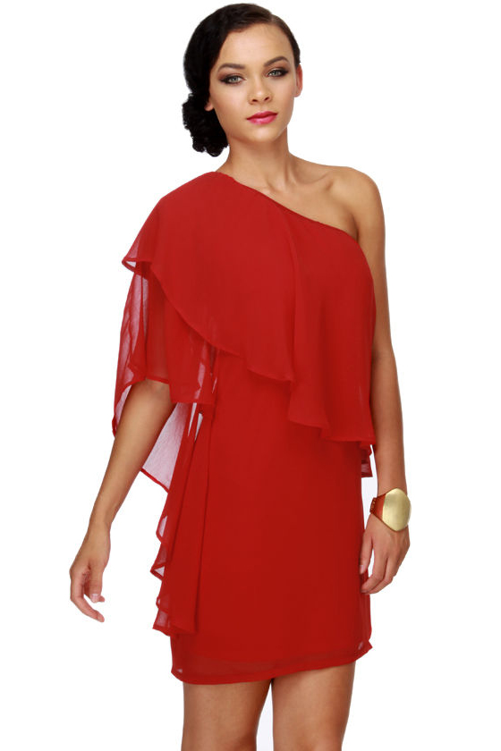Flounce House Red One Shoulder Dress