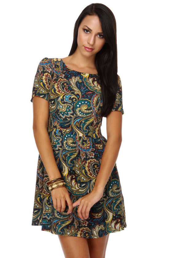 Paisley Dress - Print Dress - Short Sleeve Dress - Colorful Dress - $34.00
