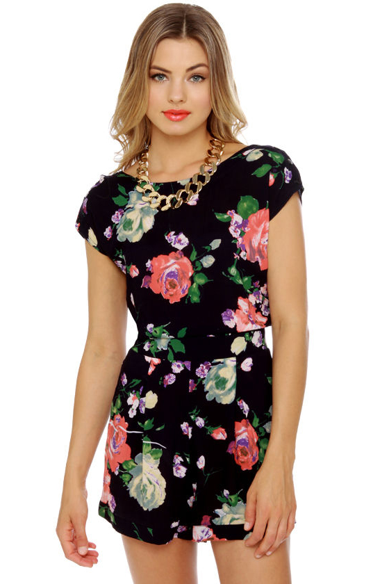 Happy Go Lucky Print Navy Blue Romper