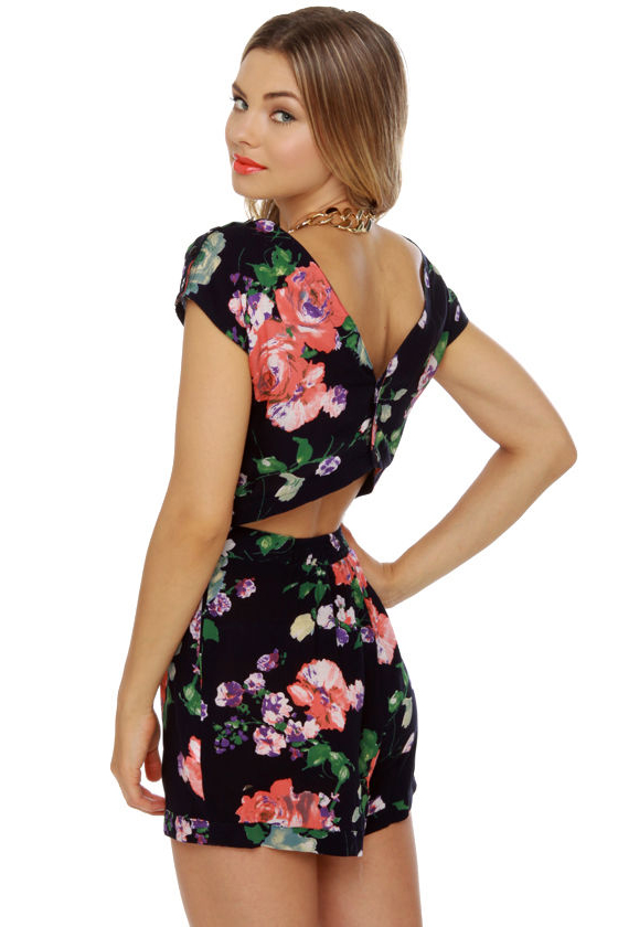Happy Go Lucky Print Navy Blue Romper
