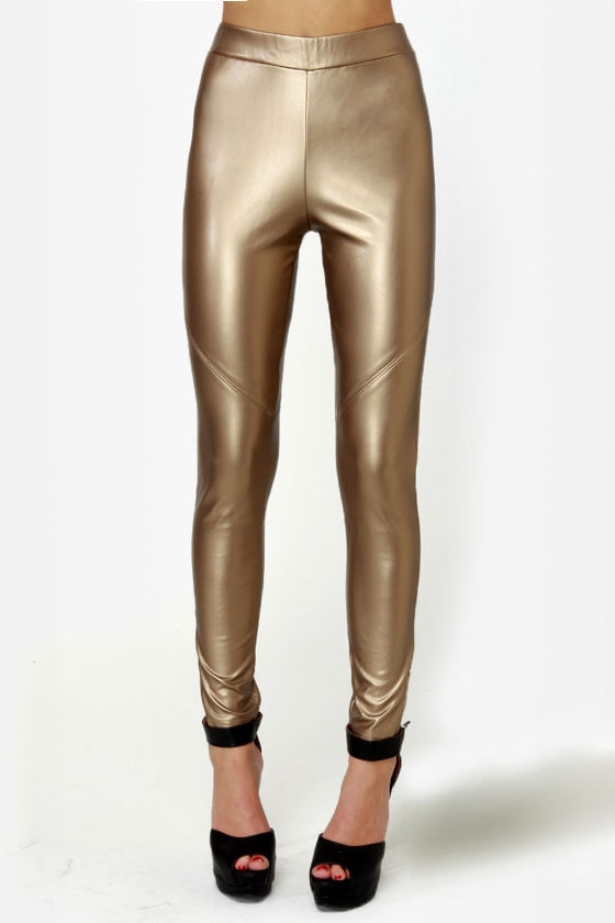 Cute Gold Leggings - Vegan Leather Leggings - Metallic Leggings - $35.00