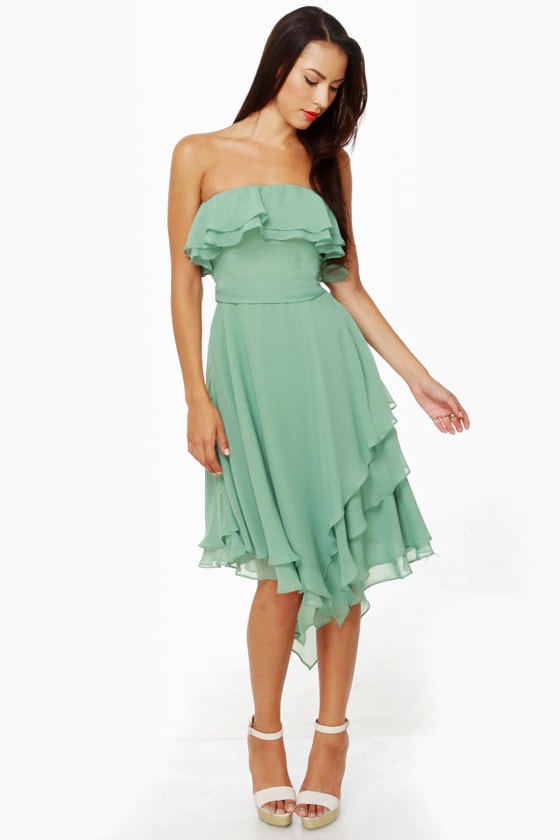 Frilled to be Here Strapless Sage Green Dress