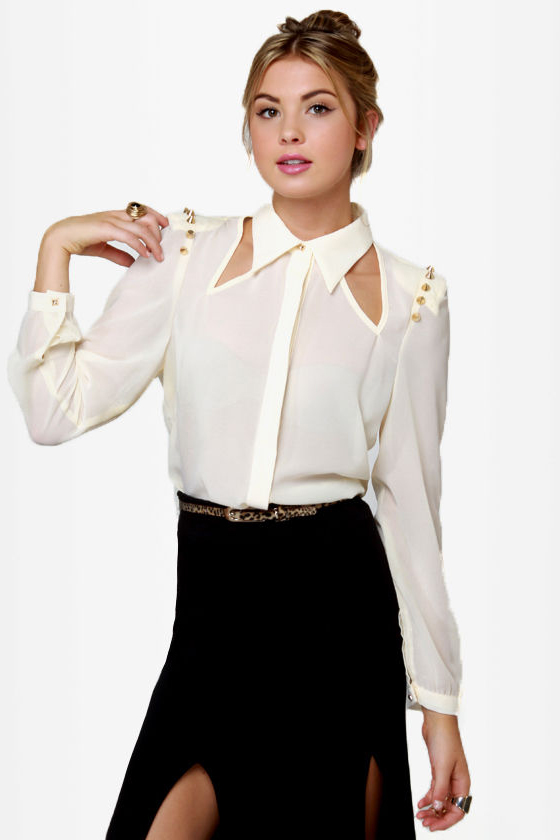 Masters in Spike-ology Sheer Studded Cream Top