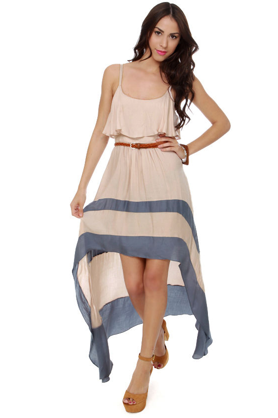 Merrily Rolling Along High Low Beige Dress